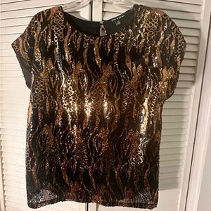 Black and Gold Cable and Gauge Sequin Blouse with Cap Sleeves